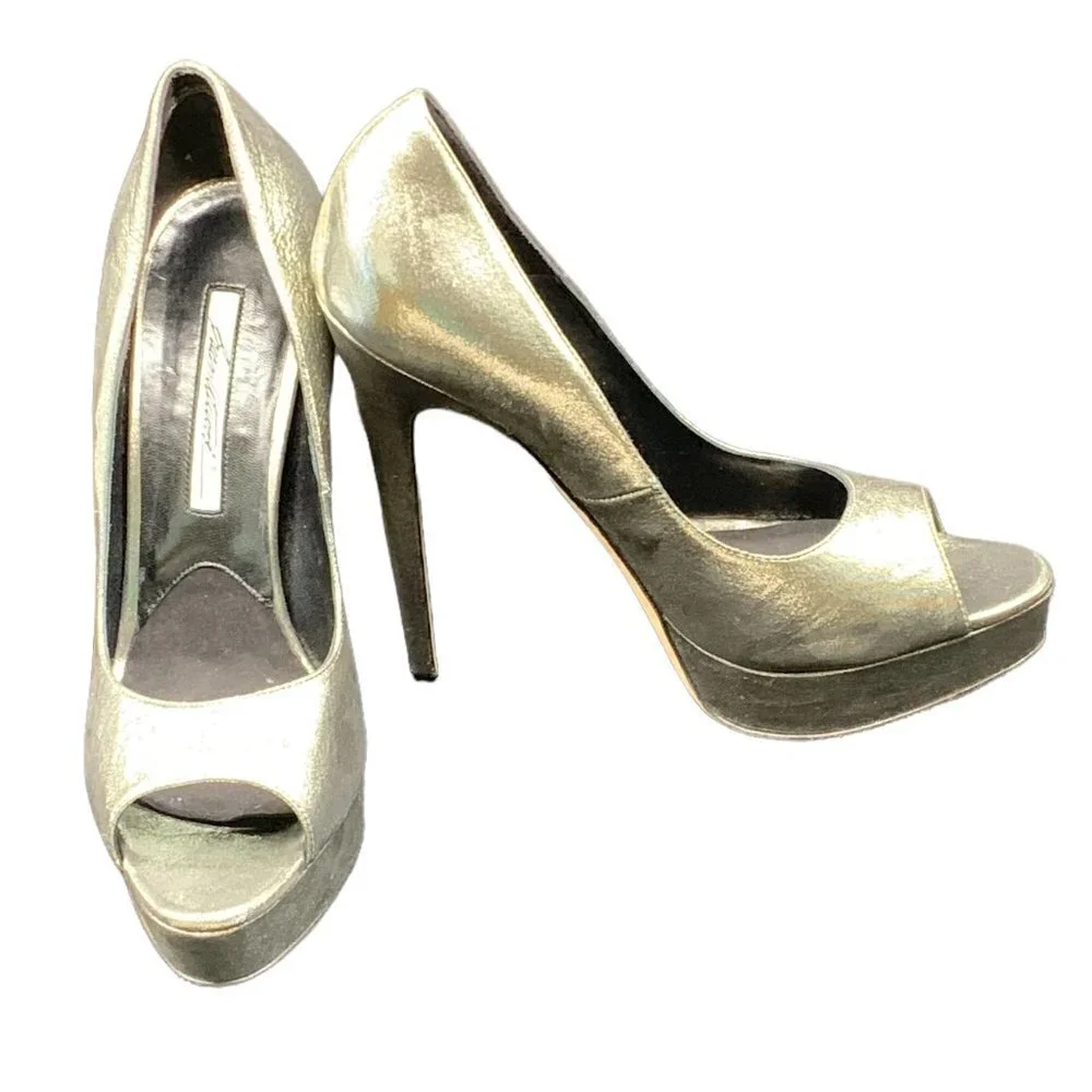 BRIAN Atwood Madison Avenue Gold Platform Peep Toe Heels Size 10.5